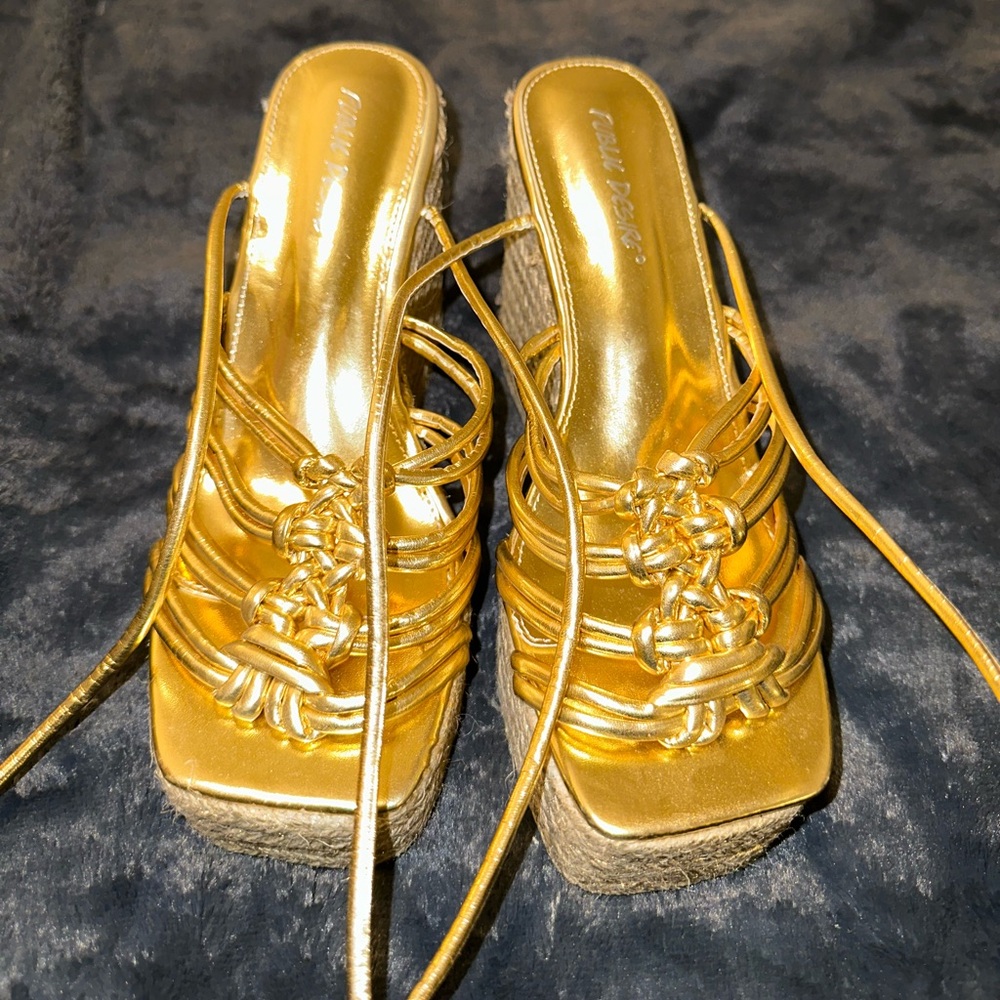 NWOT Public Desire Gold Lace Up Wedges Size UK 6/ US 8.5